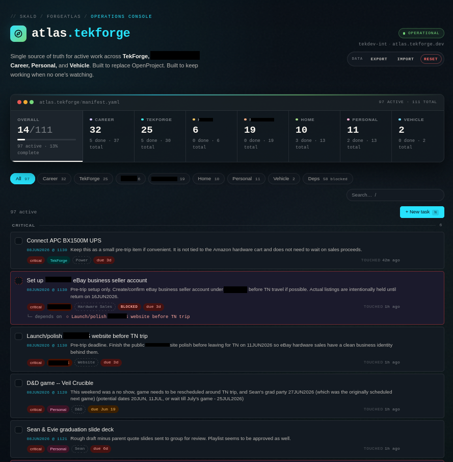 ForgeAtlas operations console showing task counts, active work areas, dependency filters, and blocked work.