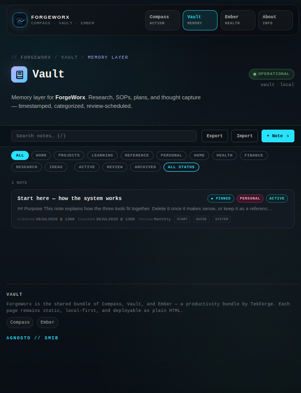 ForgeWorx Vault showing searchable durable notes, categories, review status, and a pinned getting-started note.